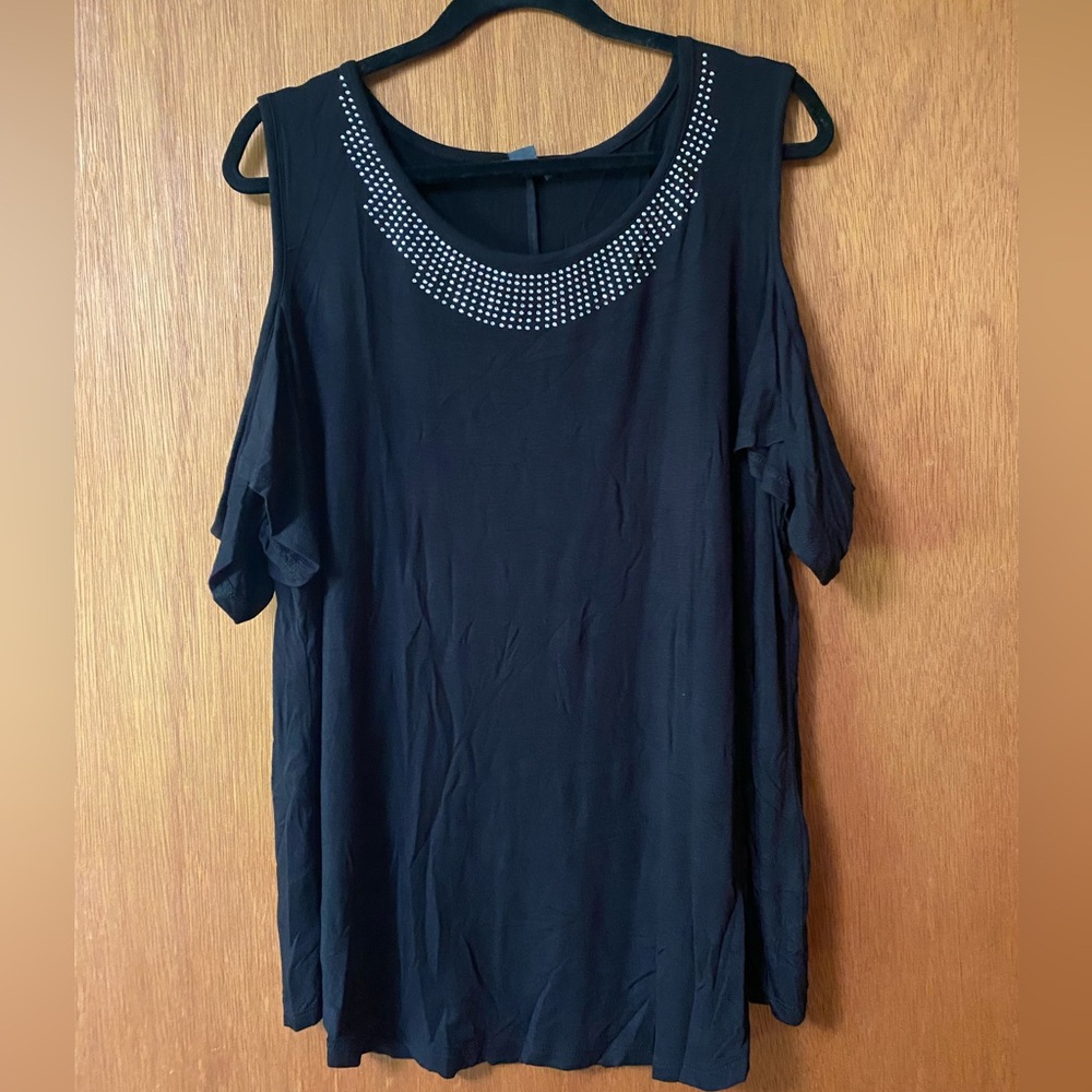 Belle by Belldini Black Cold Shoulder Top with Rhinestone Accented Neckline